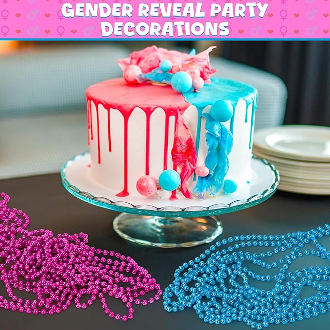 120 PCS Gender Reveal Beads, 33'' Gender Reveal Necklace Decorations, Pink and Blue Round Bead Necklaces Bulk, Creative Gender Reveal Party Supplies Accessories
