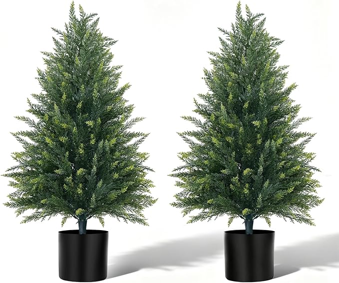 EverNature 3FT Artificial Topiary Cedar Trees, 2Pack Realistic Faux Cypress Plants with Pot, Fake Bushes Pine Tree for Outdoor Front Porch Garden Indoor Christmas Home Decor