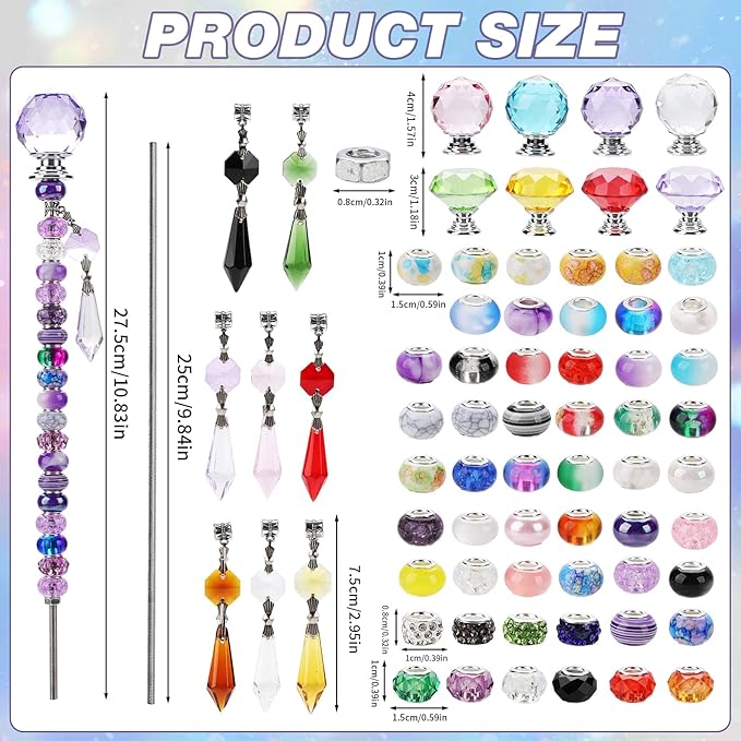 192Pcs DIY Fairy Wand Beaded Garden Stakes Kit, Fairy Garden Stakes Beads and Rods with Sparkling Crystal Pendants, Suitable for Garden Decorative Outdoor Beadable Items(10IN)