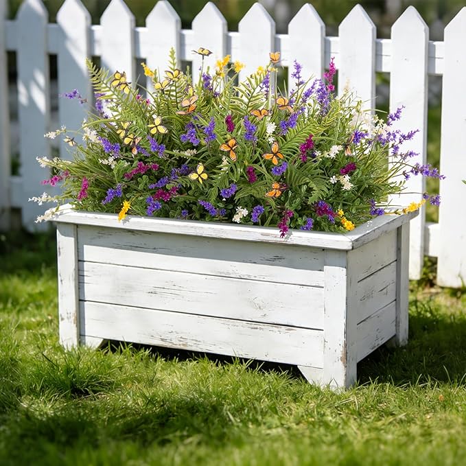 Artificial Fake Flowers for Outdoor Porch Planters Boxes Decoration,12 Bundles Outdoor Faux Fern Plants with Butterfly,UV Resistant Greenery Yard Patio Garden Decor