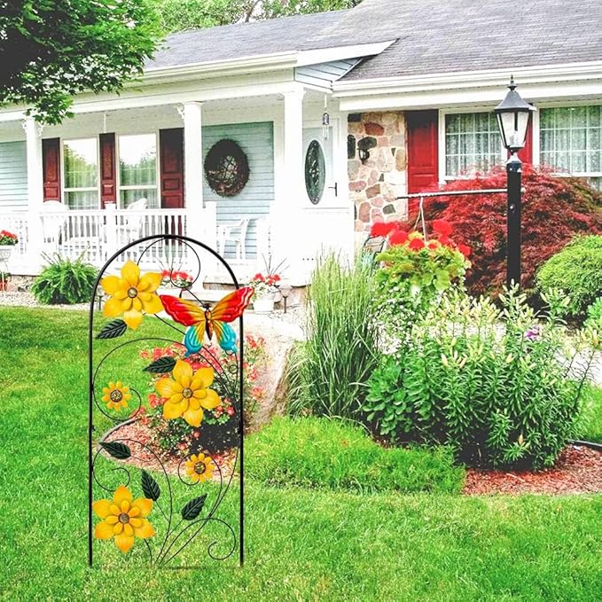 YEAHOME Garden Decor for Outside, 34" Flower Butterflies Decorative Garden Stakes for Spring Garden Decor, Metal Yard Art Stakes for Outdoor Lawn Backyard Porch Decorations