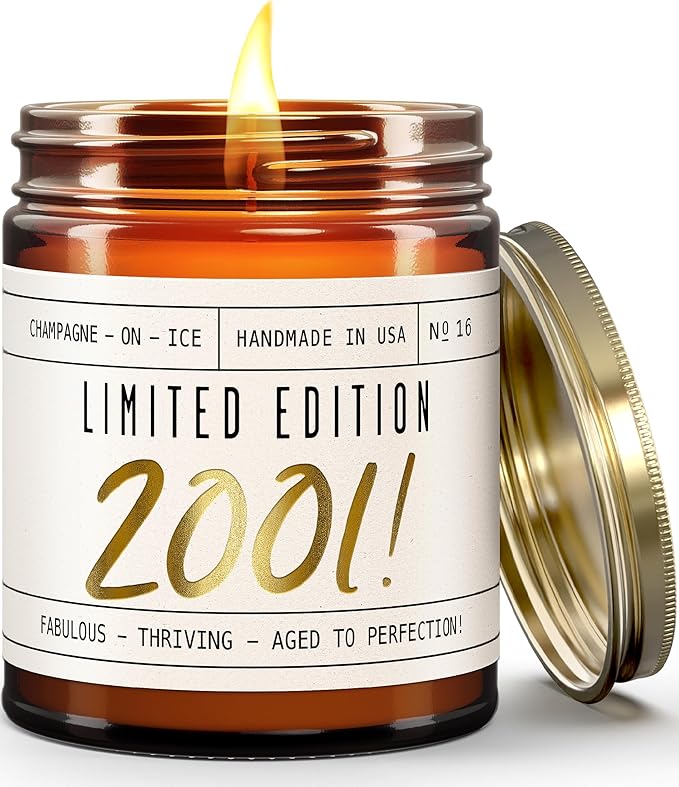25th Birthday Gifts for Women - 'Limited Edition 2001' Soy Candle, w/Champagne on Ice I 25th Birthday Gift for Her Ideas I 9oz Reusable Jar, 50Hr Burn, Made in USA