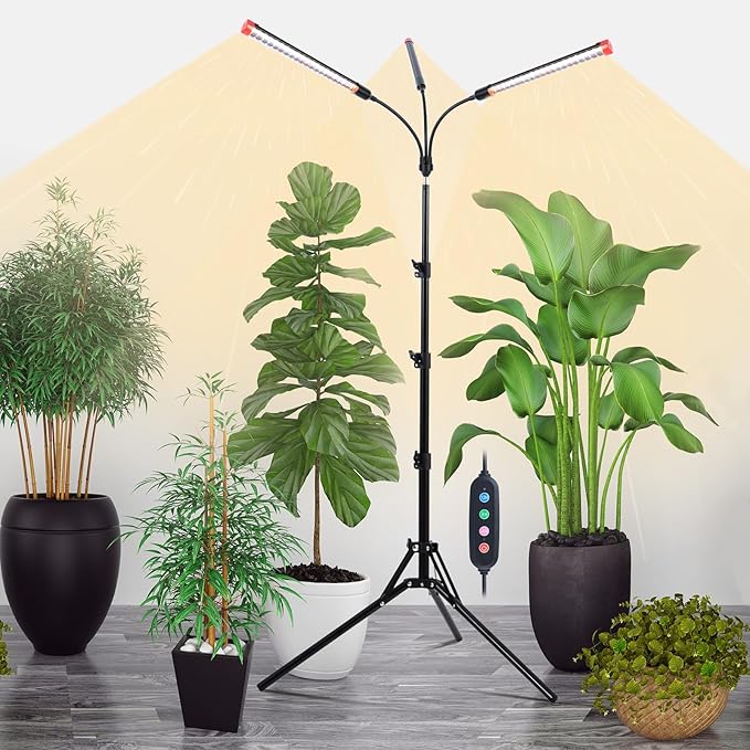 Orchbloom 3-Head Grow Light with Stand and Timer, 27 Watt Power Home Plug LED Grow Lights for Indoor Plants for Tall Houseplants, Bonsai Tree, Seed Starting, 24"-64" Adjustable Height