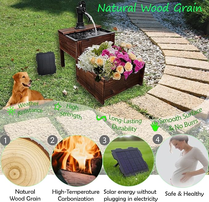 Outdoor Water Fountain，Floor Wooden Rectangular Double-Layer Old-Fashioned Pump Fountain with Flower Box，Solar-Powered Electric Decorative Hand Pump，Outdoor Water Feature for Garden Patio Backyard