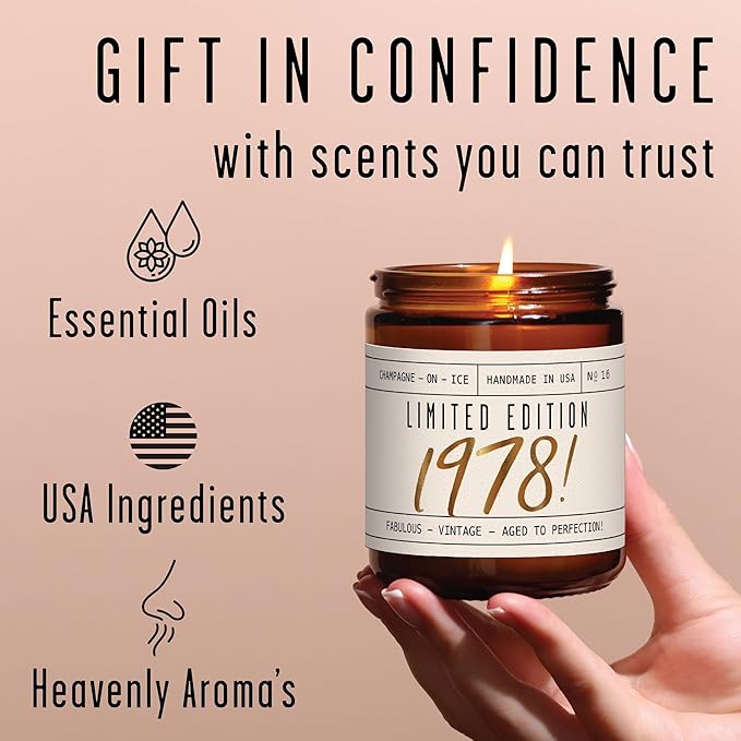 48th Birthday Gifts for Women - 'Limited Edition 1978' Soy Candle, w/Champagne on Ice I 48 Birthday Gift for Her Ideas I 9oz Reusable Jar, 50Hr Burn, Made in USA