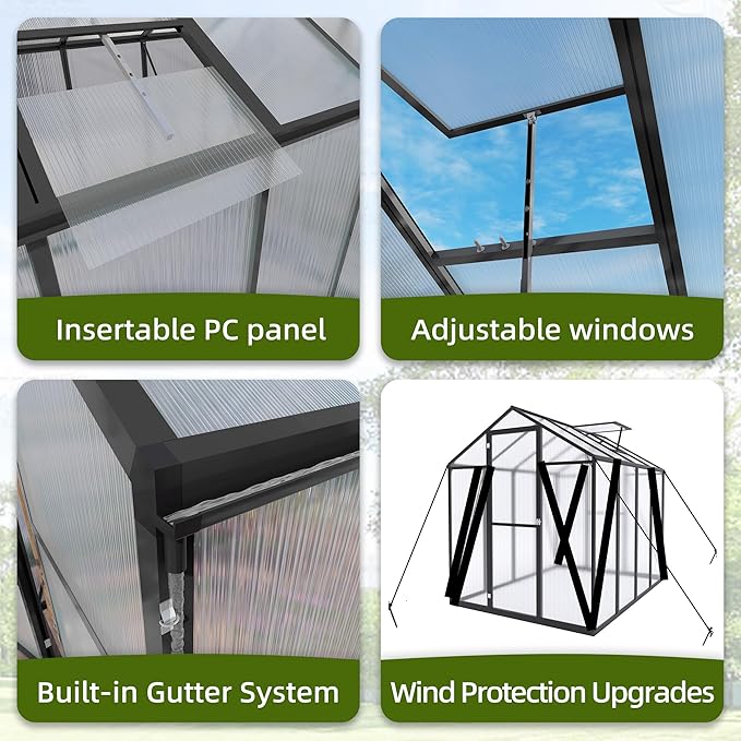 7.2FT High 6.1*6.1FT Greenhouse for Outdoors, Polycarbonate Greenhouse with Stronger Wind Protection and Roof Vent,Walk-in Large Aluminum Sunroom Winter Proof,Black