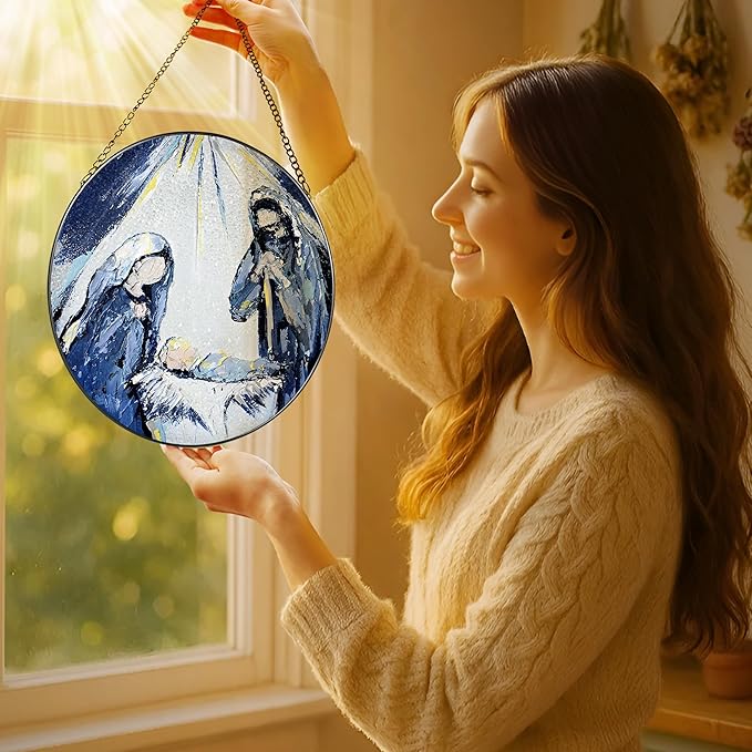 8'' Stained Glass Nativity Scene Ornament, Stained Glass Window Hanging, Religious Holiday Ornament, Holy Family Decoration, Gift for Christmas, Religious Gifts, Christian Gifts