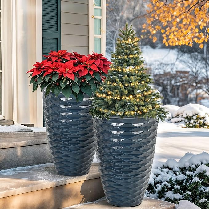 Ultym 19" H Coastal Planter for Indoor/Outdoor Plants, Set of 2 Large Flower Pot with Drainage Hole, Weather/UV Resistant Resin Planters for Garden Patio Porch Home office Decor, Glossy Navy Blue Wavy