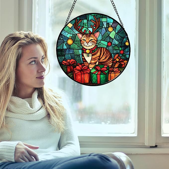 Stained Glass Window Hanging Cat with Elk Antlers Large 15" - Suncatcher Door Garden Sun Catcher Home Decor Birthday Christmas for Lost Pets Mom Men Woman Nana