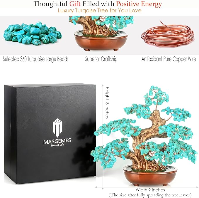 MASGEMES Natural Turquoise (360 Large Beads) Crystal Tree Bonsai – Throat Chakra Healing Tree of Life, Feng Shui Positive Energy Decor for Home Office & Meditation Spaces 8''