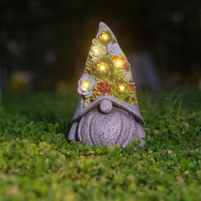 Solar Garden Statues Gnomes Figurine with Succulent and LED Lights - Garden Gnome Statues Decorations for Yard, Outside, Patio, Balcony - Gardening Housewarming Birthday Gifts