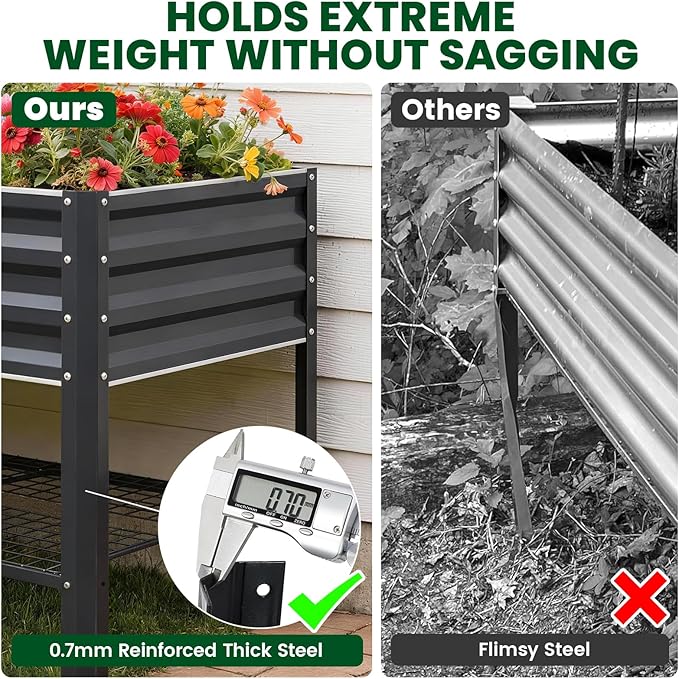 1MORE Elevated Raised Garden Bed with Legs & Storage Rack, 48×24×32in Large Metal Raised Bed for Backyard, Patio. Raised Planter Box with Drainage Holes for Plants Vegetables Flowers Fruits(Grey-1pcs)