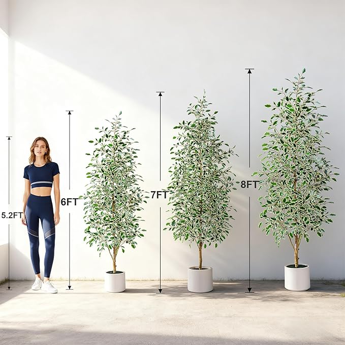 7FT Artificial Ficus Trees Indoor Faux Trees Indoor Fake Floor Plants Tall Artificial Tree with White Pot Faux Tree Fake Indoor Tree Silk Plants Artificial Trees for Home Decor Indoor