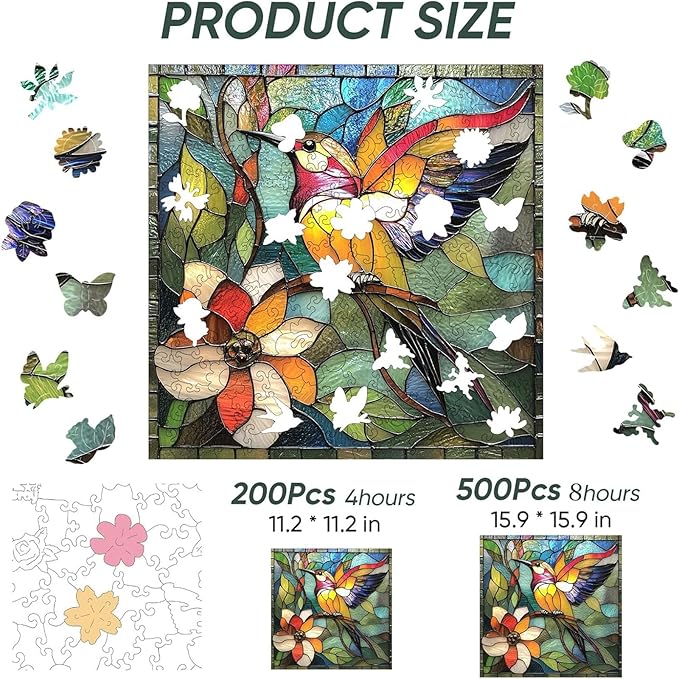 Qiuenisray Wooden Puzzles for Adults, Stained Glass Hummingbird Puzzle 200 Piece, FSC Certified Unique Animal Shape Wood Puzzles, Bird Jigsaw Puzzles for Family Friend 11.2x11.2 in