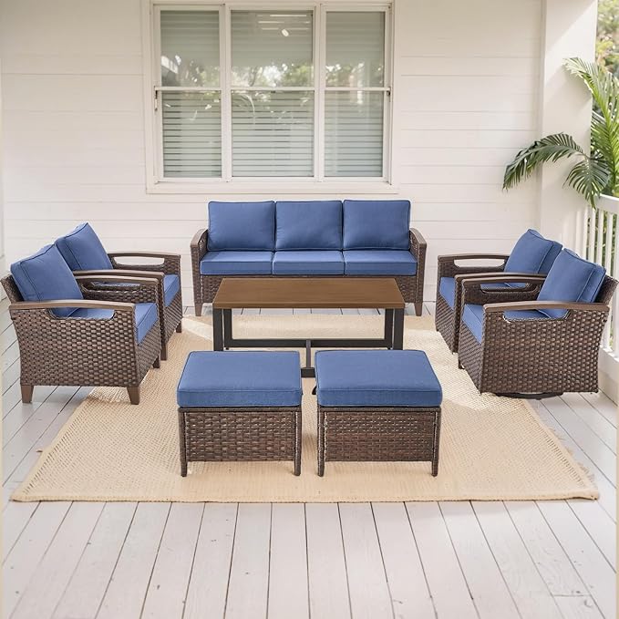 Rilyson Wicker Outdoor Patio Furniture Set - 8 Piece Patio Conversation Sets with Swivel Rocker Chairs, Chairs, Ottomans, Sofa and Coffee Table, Thick Cushions, for Porch Deck Brown/Blue