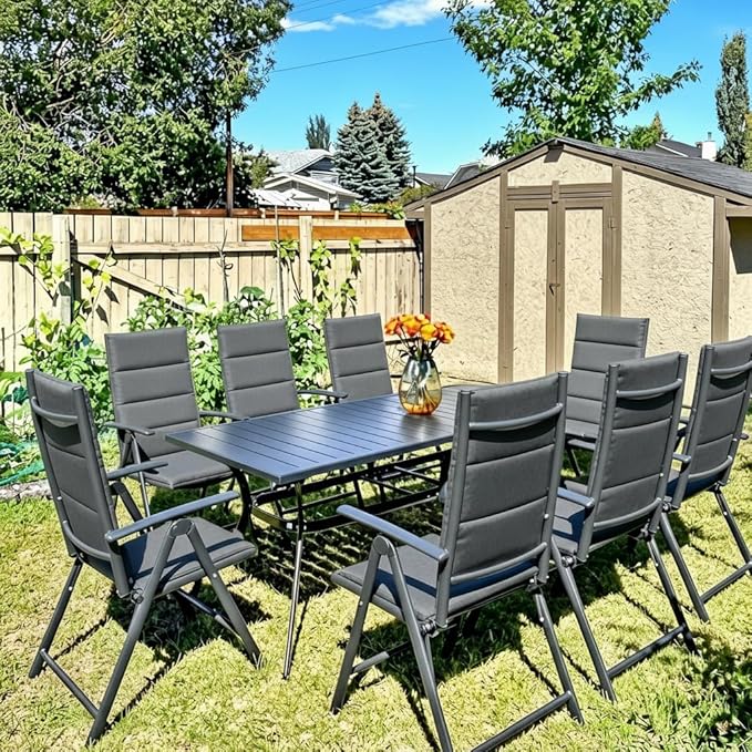 PURPLE LEAF Outdoor Dining Set for 8 with All-Aluminum Black Slat Table and Padded Folding Chairs Modern Patio Furniture Dining Table Set ldeal for Deck Under Pergola Poolside Outdoor Kitchen, Grey