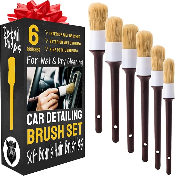Boar Hair Detailing Brush Set - 9-Pack - Includes Wheel, Tire Brush & Tire Dressing Applicator - Soft Boar Hair Bristles - Scratch-Free Car Wash - Crevice Tools for Vents & Emblems