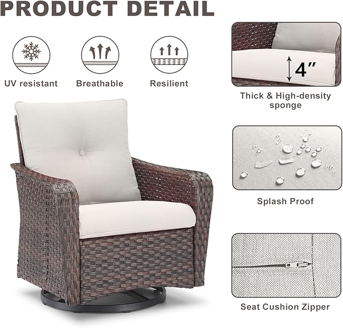 Rilyson Outdoor Patio Swivel Rocker Chairs - 3 PC Wicker Patio Bistro Sets with High Back,Comfy Cushions, Deep Seating and Side Table for Porch Deck Backyard Garden(Brown/Beige)