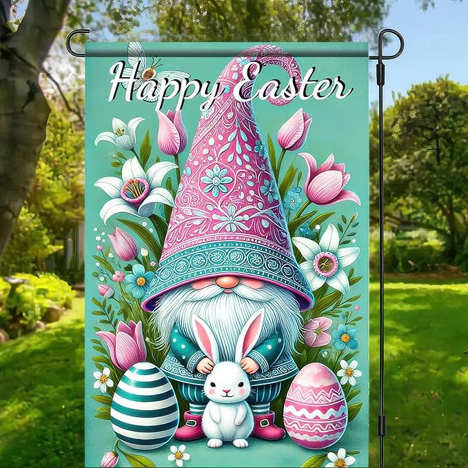Happy Easter Garden Flag 12x18 Inch Double Sided Easter Gnome Bunny Floral Egg Design Small Outdoor Yard Flag Spring Easter Decor for Porch Lawn Patio Garden