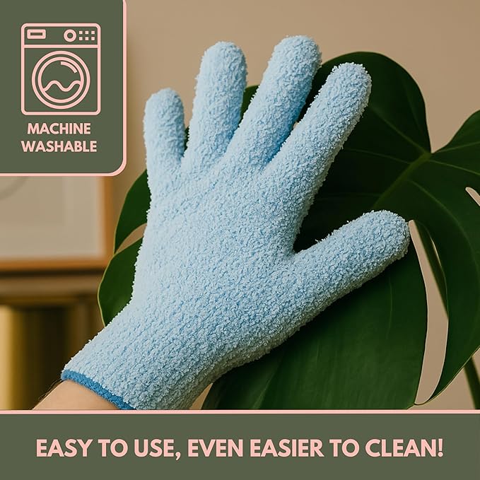 Mossify Microfiber Gloves for Plant Dusting – Reusable & Washable Plants Leaf Cleaning Gloves for Houseplants & Indoor Gardening, Soft & Absorbent Plant Dusting Glove for Windows, Dust Mitt - Blue