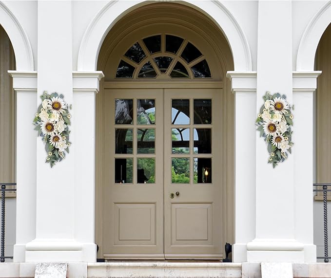 2-Pcs Spring Summer Floral Teardrop Swags - 28” Artificial Sunflower, Peony, Rose Teardrop Wreath for Door, Wall, Window - White Floral Arrangement for Home Decor