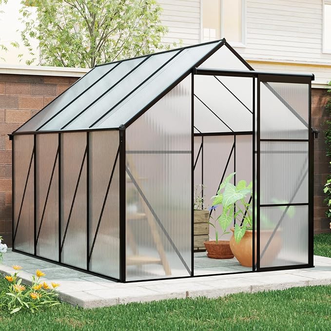 6×8 FT Black Polycarbonate Walk-in Greenhouse for Outdoor Backyard, Heavy-Duty Aluminum Frame with Sliding Door, Gutter System & Adjustable Roof Vent, Green House for Winter Gardening