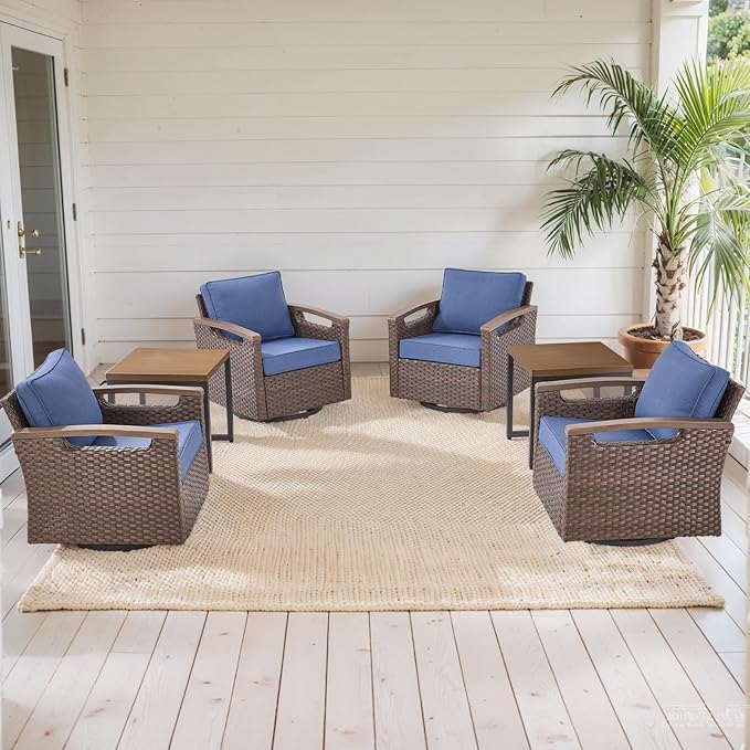 Rilyson 6 Piece Outdoor Patio Swivel Rocking Chairs, All Weather Wicker, Metal Armrest, Deep Seating, Thick Cushions, Side Table, Ideal for Deck Porch Backyard, Brown/Blue
