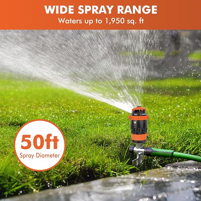 [2 Pack] RESTMO Gear Drive Sprinkler with Metal Spike Base, 5-Pattern Heavy Duty Gardening Watering System, Multi-Adjustable Lawn Sprinkle for Garden Plant, Flower Bed and Large Yard Area, Orange