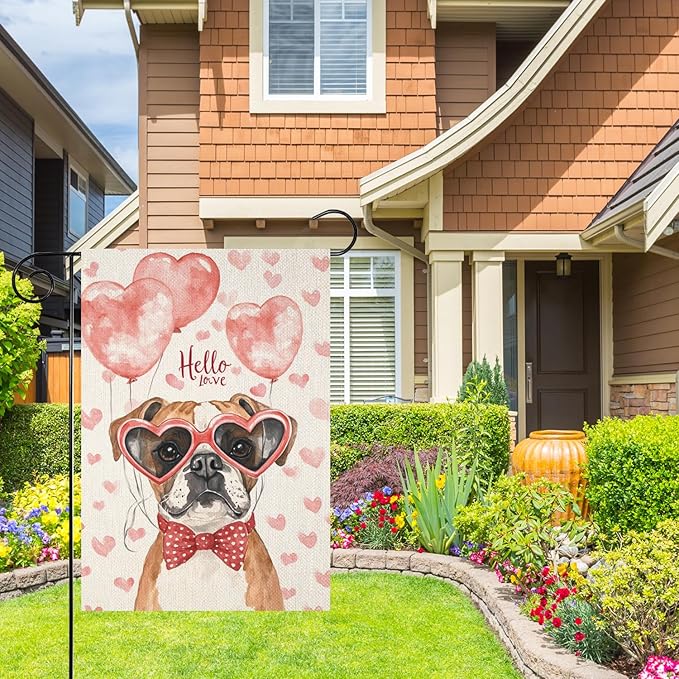 Valentine's Day Boxer Dog Hello Love Garden Flag, House Yard Plaid Love Heart Outside Decoration, Spring Holiday Wedding Anniversary Outdoor Small Decor 12x18(12636)