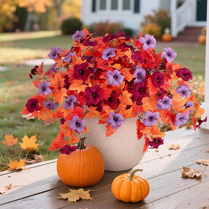 Fake Fall Flowers for Outdoor Decor 2 Pcs Artificial Flowers Fake Faux Silk Petunias Fall Plants, UV Resistant Flower for Garden Porch Patio Balcony Thankgiving Decoration (Burgundy Purple)