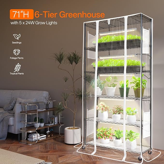 Bstrip Indoor Greenhouse with Grow Light, Mini Green house with 5 Pack T8 Full Spectrum Plant Lights, Plant Shelf with Tent for Indoor Plant, Seed Starting, Seed Tray, 35.4"x13.8"x71"