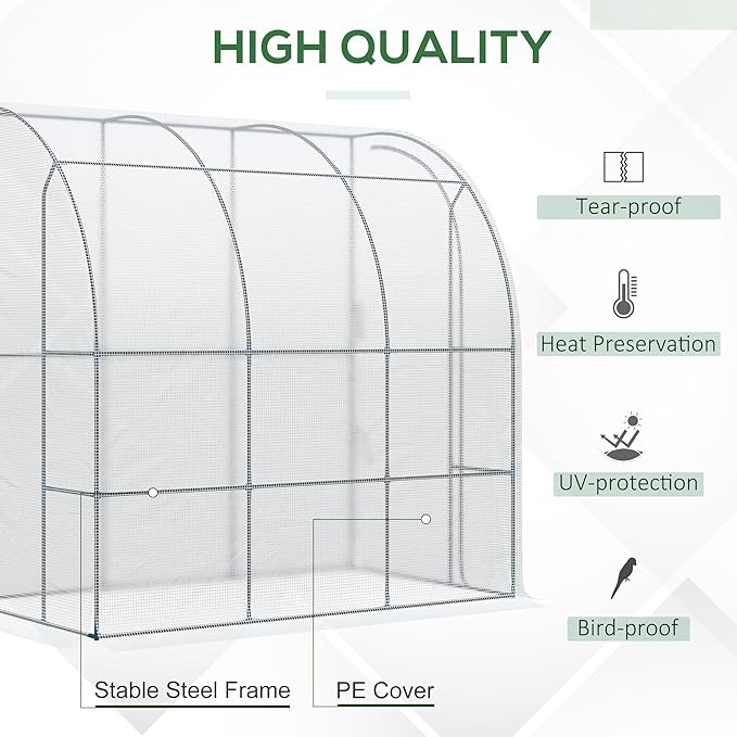 Outsunny 7' x 4' x 7' Outdoor Lean to Greenhouse, Walk-in Green House Plant Nursery with Roll-up Window, PE Cover, White