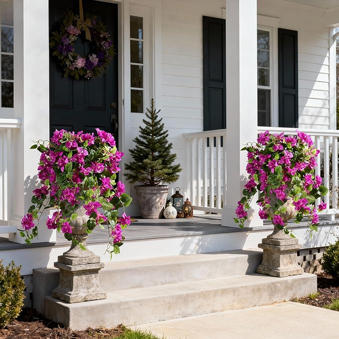 Bougainvillea Artificial Hanging Flowers for Outdoor 3 Pcs Faux Bougainvillea Flowers Fake Hanging Plants Silk Flowers Long Trailing Vines for Front Door Porch Planter Patio Balcony (Dark Purple)