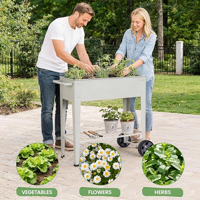 Elevated Raised Garden Bed with Legs- Galvanized Raised Beds for Gardening on Wheels, Anti-Rust Steel Planter Box with Storage Rack& Drain Hole for Backyard Patio Balcony (Grey)