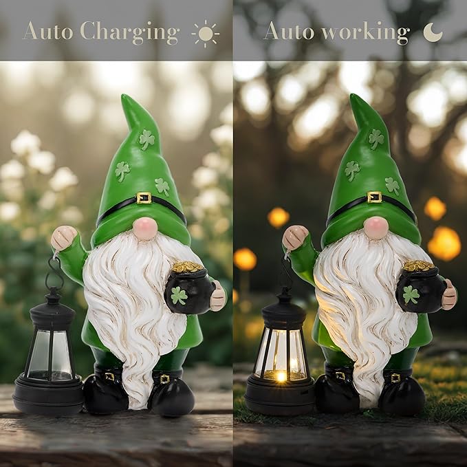 TERESA'S COLLECTIONS St Patricks Decorations for Outdoor Decor, Resin Garden Gnome Holding Lantern with Solar Lights for Porch,Shamrock Leprechaun Figurine for Outside, Irish Gifts for Home,8"