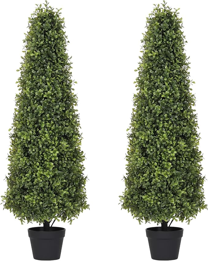 Azoco 4ft Artificial Boxwood Topiary Trees (Set of 2) - UV Resistant Faux Plants Outdoor, Realistic 48in Fake Potted Bushes and Shrubs for Front Porch, Planter, Patio - Low Maintenance & Evergreen