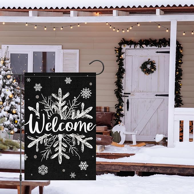 Heyfibro Christmas Garden Flag Welcome Winter Garden Flags 12x18 Inch Double Sided Burlap Snowflake Yard Flag for Winter Holiday Xmas Yard Outdoor Decoration(ONLY FLAG)