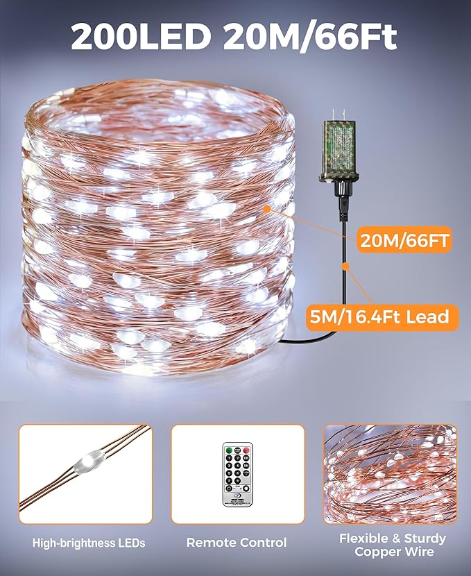 Plug-in Fairy Lights, 66 Ft 200 LED String Light with Remote, 8 Modes, Timer and Dimming Twinkle Lights for Indoor, Bedroom, Party, Decoration, Holiday, Cold White