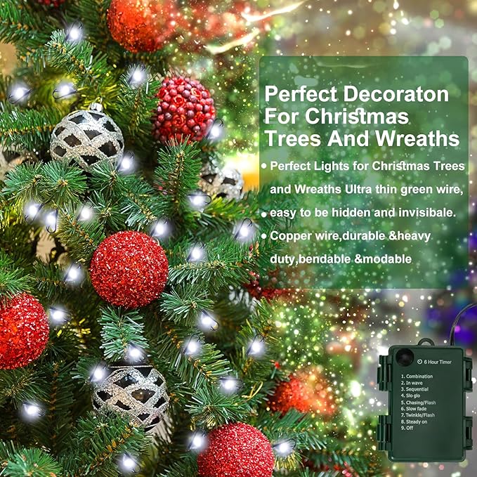 Christmas Lights, 20ft 200 LED Battery Operated String Lights with Auto Timer & 8 Modes, Green Wire Outdoor Waterproof Fairy String Lights for Christmas Tress Wreath Decor, Cool White
