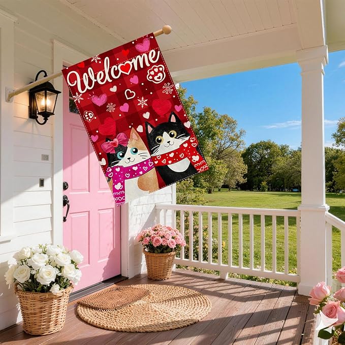 Welcome Valentine’s Day Romantic Love Heart Couple Cats Paw House Flag large 28X40 Inch Big Vertical Double Sided Yard Outdoor Outside Holiday Decoration