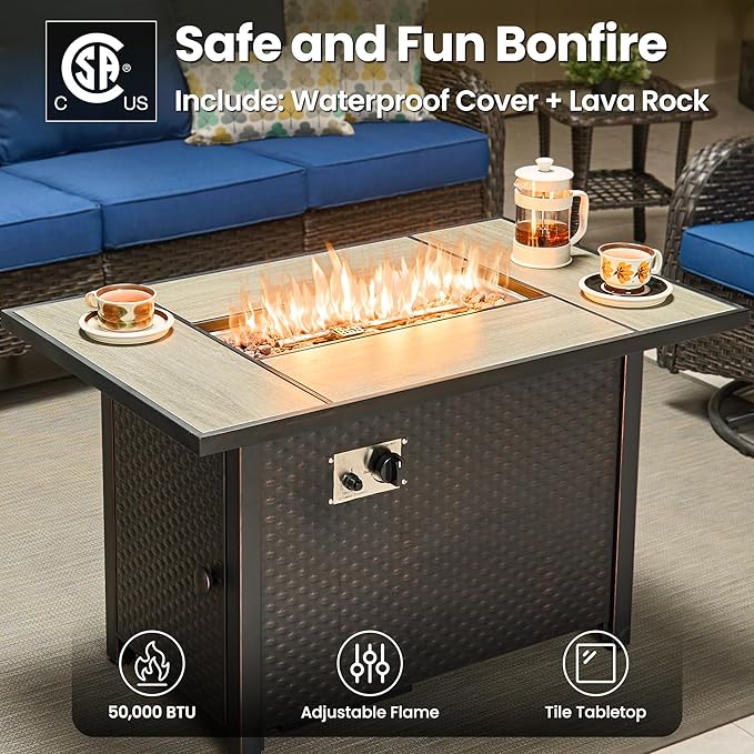ovios 8 Pieces Patio Furniture Set, Outdoor Wicker Sofa Couch with Swivel Chairs 42" Fire Pit Table, High Back Modern All Weather Conversation Sets, Brown Rattan, Navy Blue