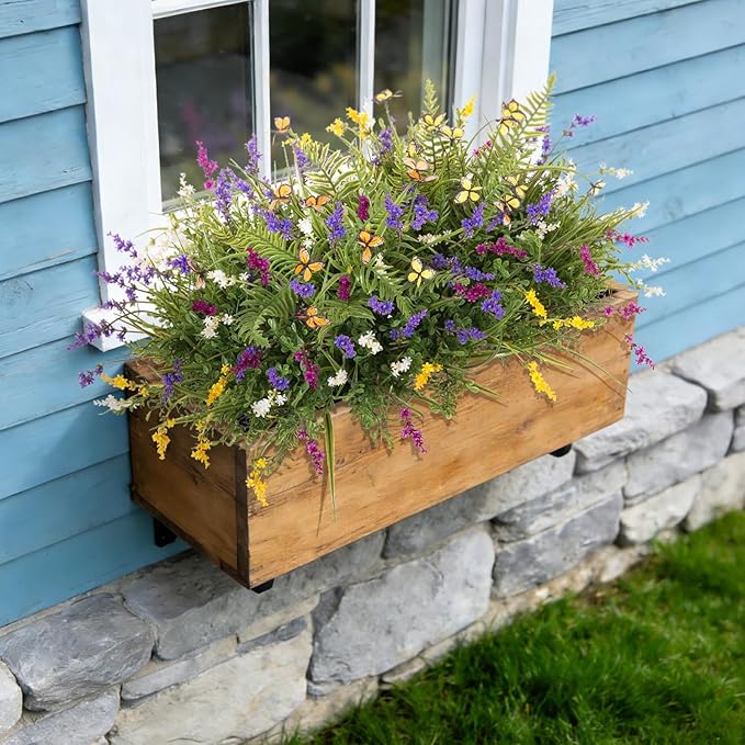 Artificial Fake Flowers for Outdoor Porch Planters Boxes Decoration,12 Bundles Outdoor Faux Fern Plants with Butterfly,UV Resistant Greenery Yard Patio Garden Decor