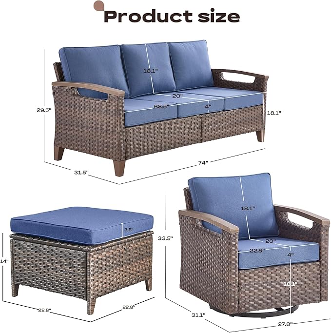 Rilyson Wicker Outdoor Patio Furniture Set - 7 Piece Patio Conversation Sets with Swivel Rocker Chairs, Ottomans, and Sofa, Thick Cushions, Waterproof Wicker, for Porch Deck Brown/Blue