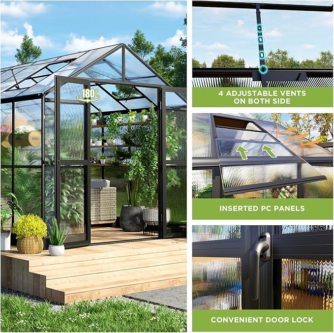HOWE 8x12x7.5 FT Polycarbonate Greenhouse Double Swing Doors 4 Vents 5.2FT Added Wall Height, Walk-in Large Aluminum Sunroom Winter Greenhouse for Outdoors, Black