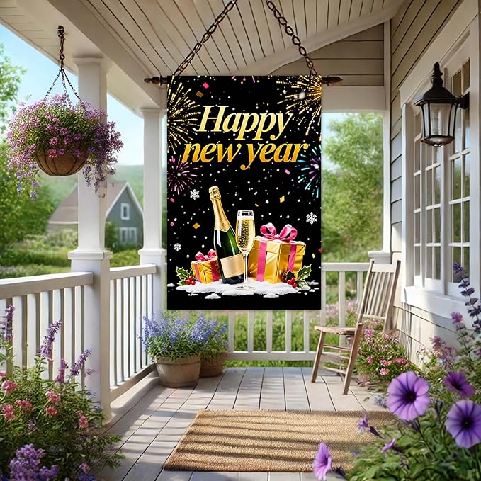 Happy New Year House Flag 28x40 Inch Champagne Bottle Gift Boxes and Fireworks Garden Flag Black Gold Holiday Outdoor Yard Decoration Celebration Banner for Home Porch Lawn