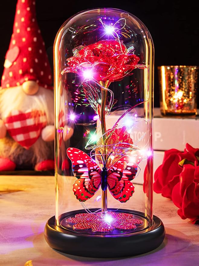 Valentines Day Rose Gifts for Her Birthday Gift for Women Galaxy Glass Rose in Glass Dome Forever Eternal Crystal Roses with Butterfly Anniversary Valentine Gifts for Daughter Mom Wife Girlfriend Red
