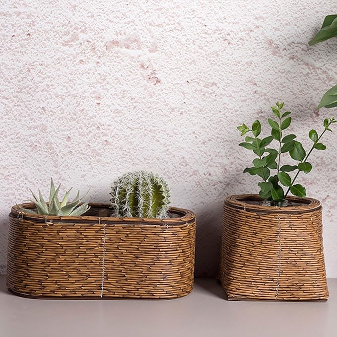 Rattan Flower Basket, Wicker Woven Planter with Plastics Liner, Hand Woven Basket Planter, Desktop Flower Pot for Bathrooms Kitchens Home Office