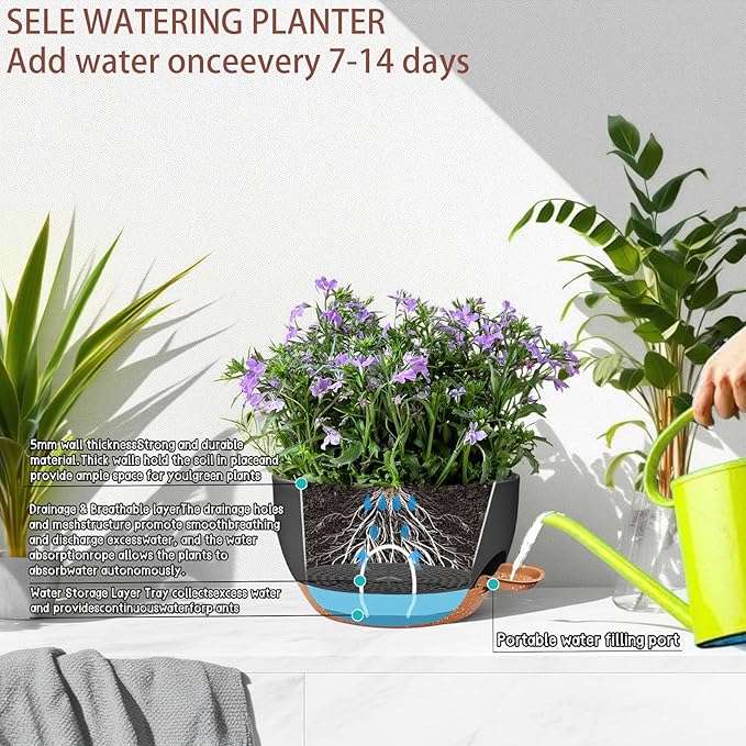 zople 2 Pack 12 Inch Large Hanging Planters with Chains Self Watering Black Brown Plastic Hanging Pots for Indoor Outdoor Plants, Garden Porch Home Decor，Black Brown