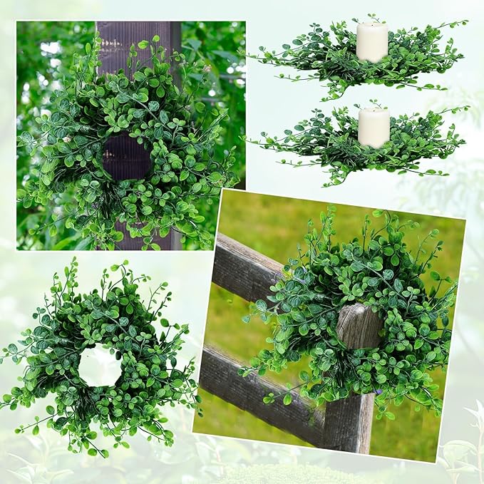 12 Pcs Mini Boxwood Table Centerpieces Green Pillars Candle Rings Wreaths 9 Inch Wreath for Cabinets Farmhouse Wreaths with Ribbon for Front Door Porch Wall Window Decorations