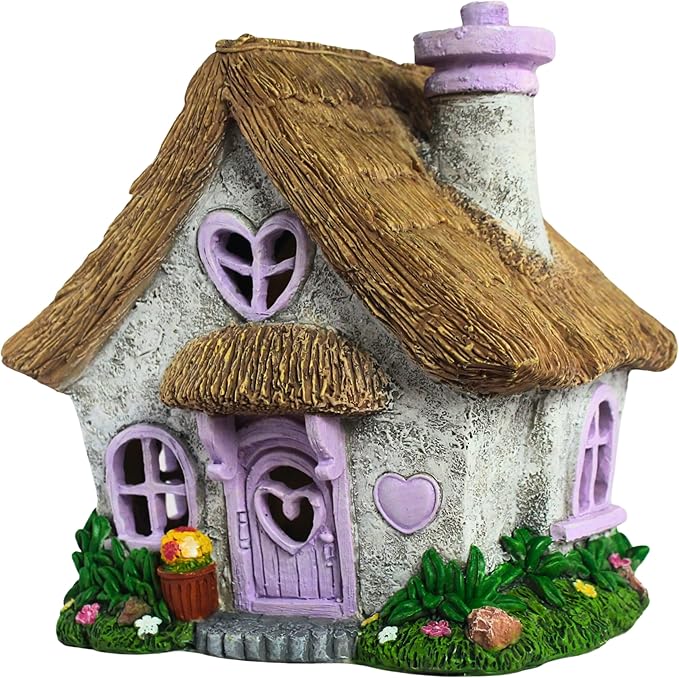 PRETMANNS Fairy House for Outside with Solar Powered LED Lights for Garden - Fairy Garden Houses for Outdoor - Miniature Accessories for Cottage Decor for Village - 7.56” High, Lavender
